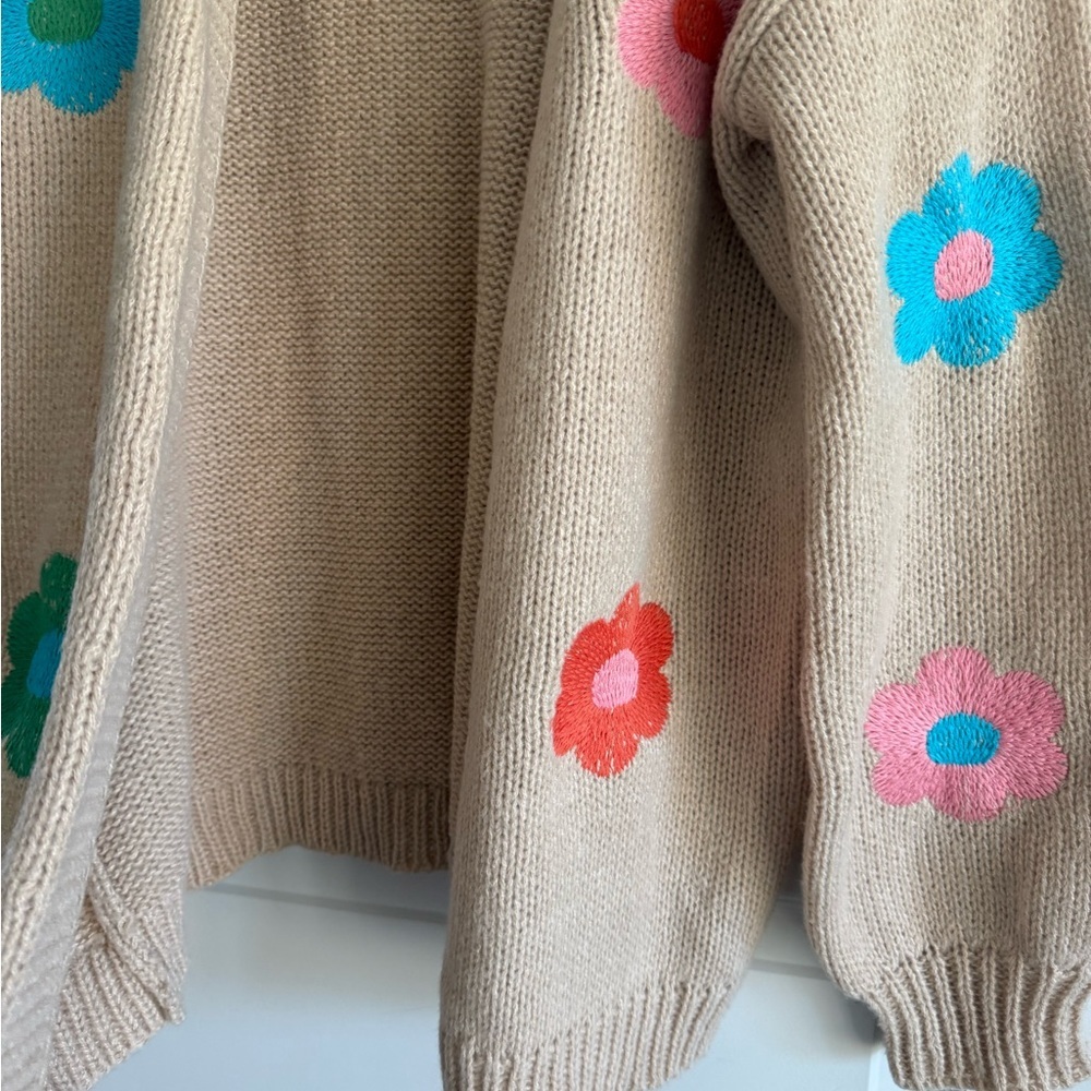 BiBi Groovy Flower Power Chunky Sweater Beige Kidcore Cardigan Hippie Boho - Picture 11 of 13